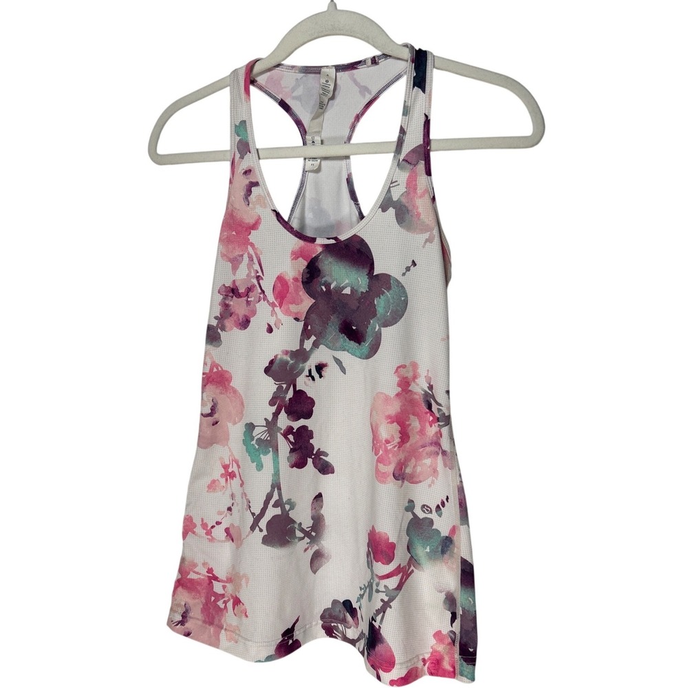 Lululemon Racerback Tank Top White Pink Floral‎ Athletic Size 6